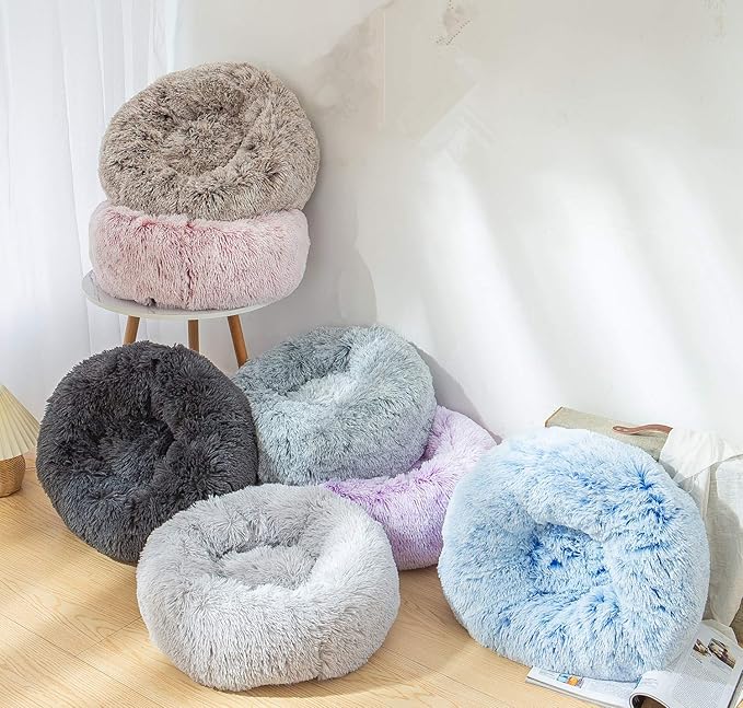 Calming Cat Bed, Soft Round Cuddler Dog Beds Fluffy Plush Faux Fur Pet Beds, Anit-Anxiety Self-Warming Comfy (20", Grey)