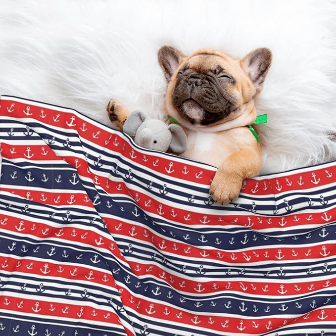Double Sided Pet Bed Blanket for Added Cushion Warmth, Nautical Anchor Seamless Pattern Blue and Red Stripe, Reversible Cover with Textured Dot Surface for Existing Beds Standalone Mat