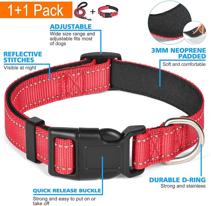 Reflective Dog Collar Padded with Soft Neoprene Breathable Adjustable Nylon Dog Collars for Small Medium Large Dogs (Large (Pack of 1), Red Collar+Leash)
