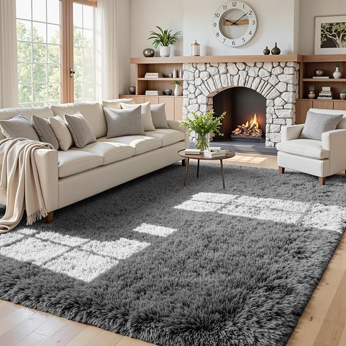 5x7 Area Rugs for Living Room Rug: Soft Fluffy Shag Light Gray Rugs for Bedroom