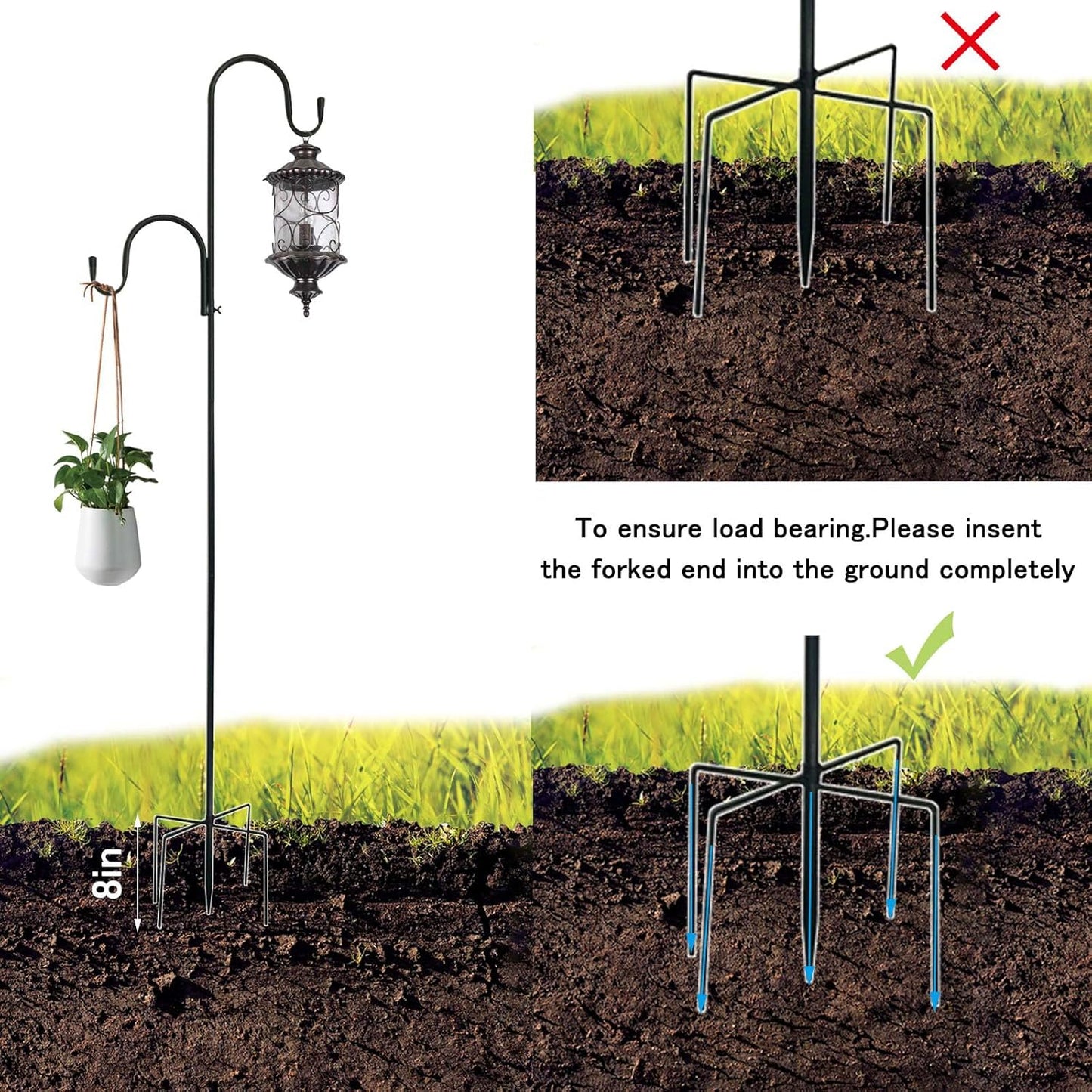 MIPON 78 Inch Double Shepherds Hooks for Outdoor Bird Feeder,Hanging Plants,Solar Light,Adjustable 78/62/46/30 Inch,3/4 Inch Width Garden Shepards Hook