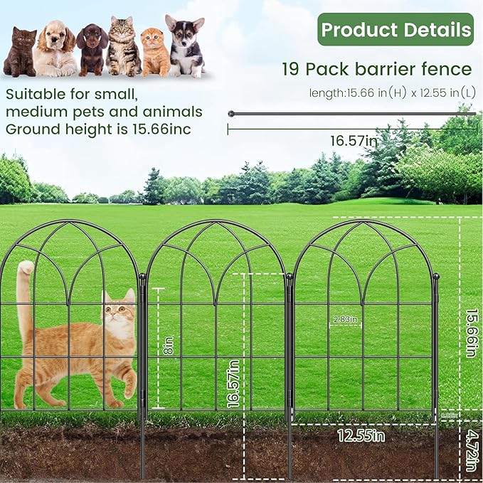 Garden Fences Animal Barrier, 12.55"*16.48" Black Garden Border Fencing, Arched Rustproof Metal No Dig Fence for Dogs, Outdoor Fence, Dog Fencing for Yard, Flower Bed (Medium 19 Pcs)