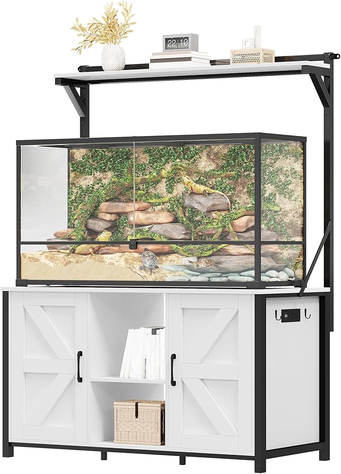 YITAHOME 40-120 Gallon Reptile Tank Stand with Power Outlet, Heavy Duty Aquarium Stand with Accessories Storage Cabinet - Metal Fish Tank Stand for Turtle, Reptile, 1100LBS Capacity, White
