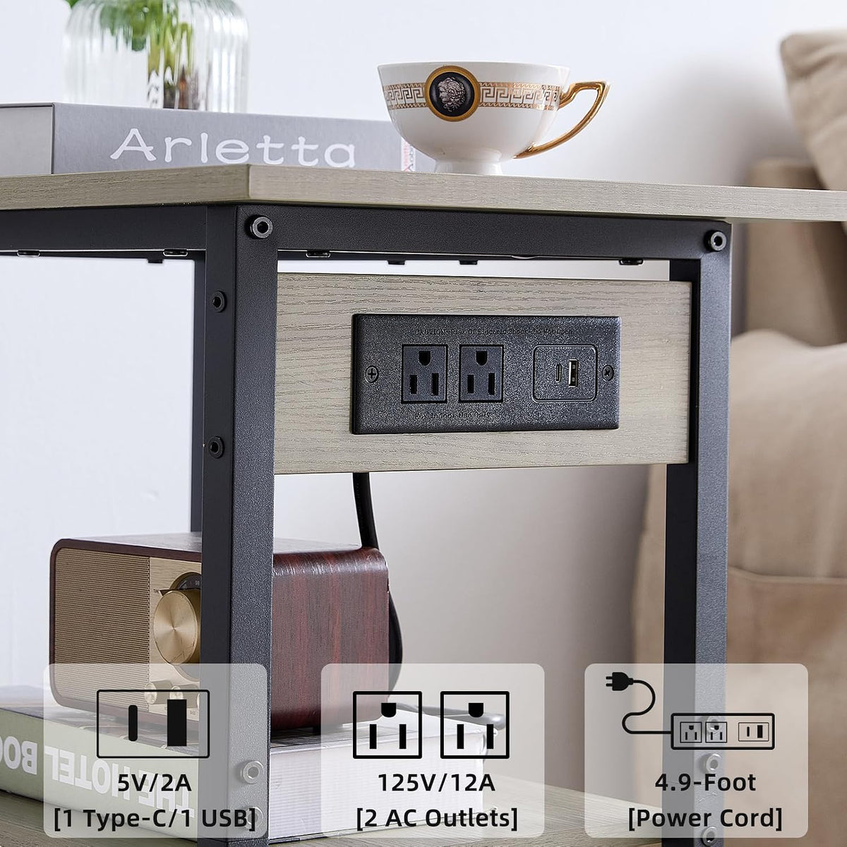 Lerliuo 3-Tier Printer Stand with Charging Station, Rolling Printer Table