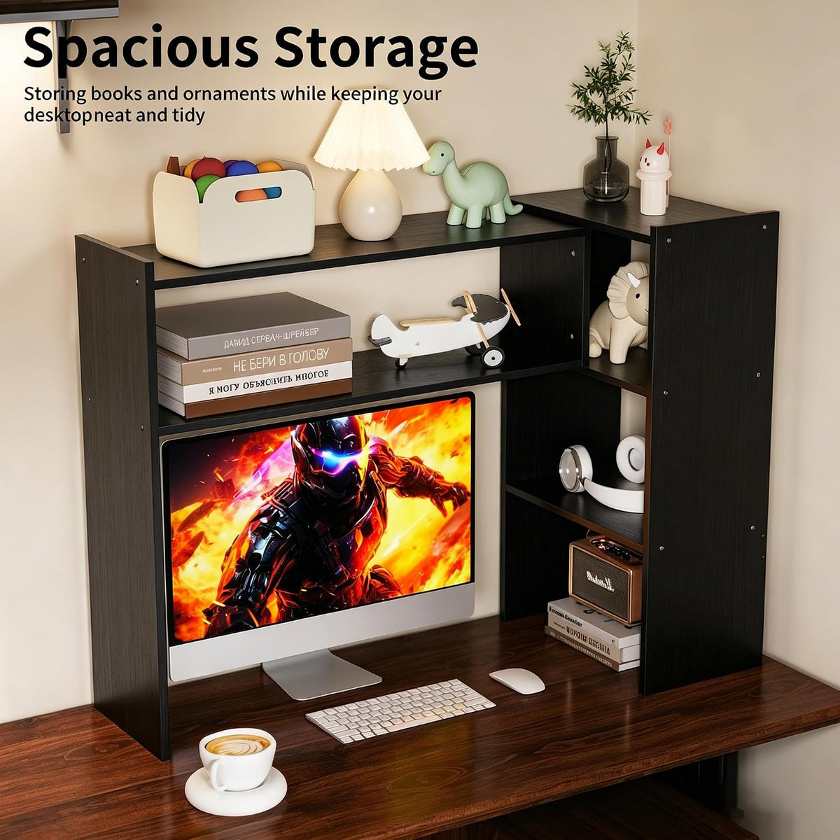 Aetheris Desktop Bookshelf, 43”Adjustable Office Desktop Organizer Shelf, Countertop Storage Hutch with 4 Shelves for Computer Desk, Adjustable Desk Hutch, Wooden Desktop Bookcase (Black)