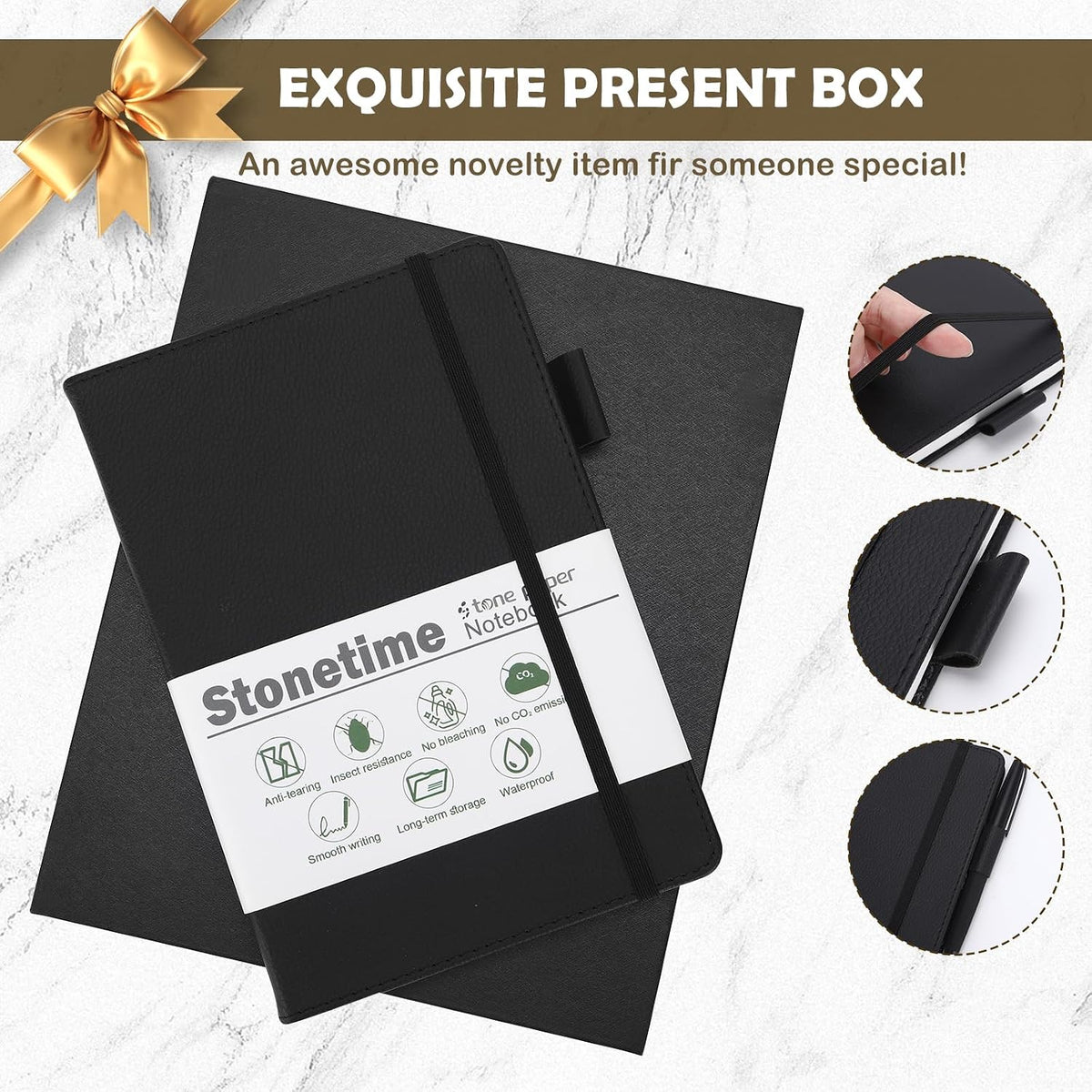 Stone Paper Notebook for Women Men, Waterproof Notebook Hardcover Executive Journal, Ruled Notebooks for Writing, Business, Work ＆ School, 160 Pages Notebook with Gift Box (B5 Black)