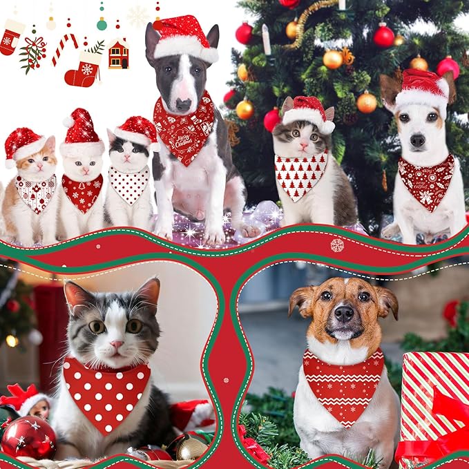Abbylike 50 Pcs White and Red Dog Bandanas Bulk Polka Dots Stripes Snowflake Bandanas for Dog Triangle Kerchief Bibs Scarf for Pet Party Costume Photo Props Accessories, 25 Styles (25.6 x 17.7 x 17.7)