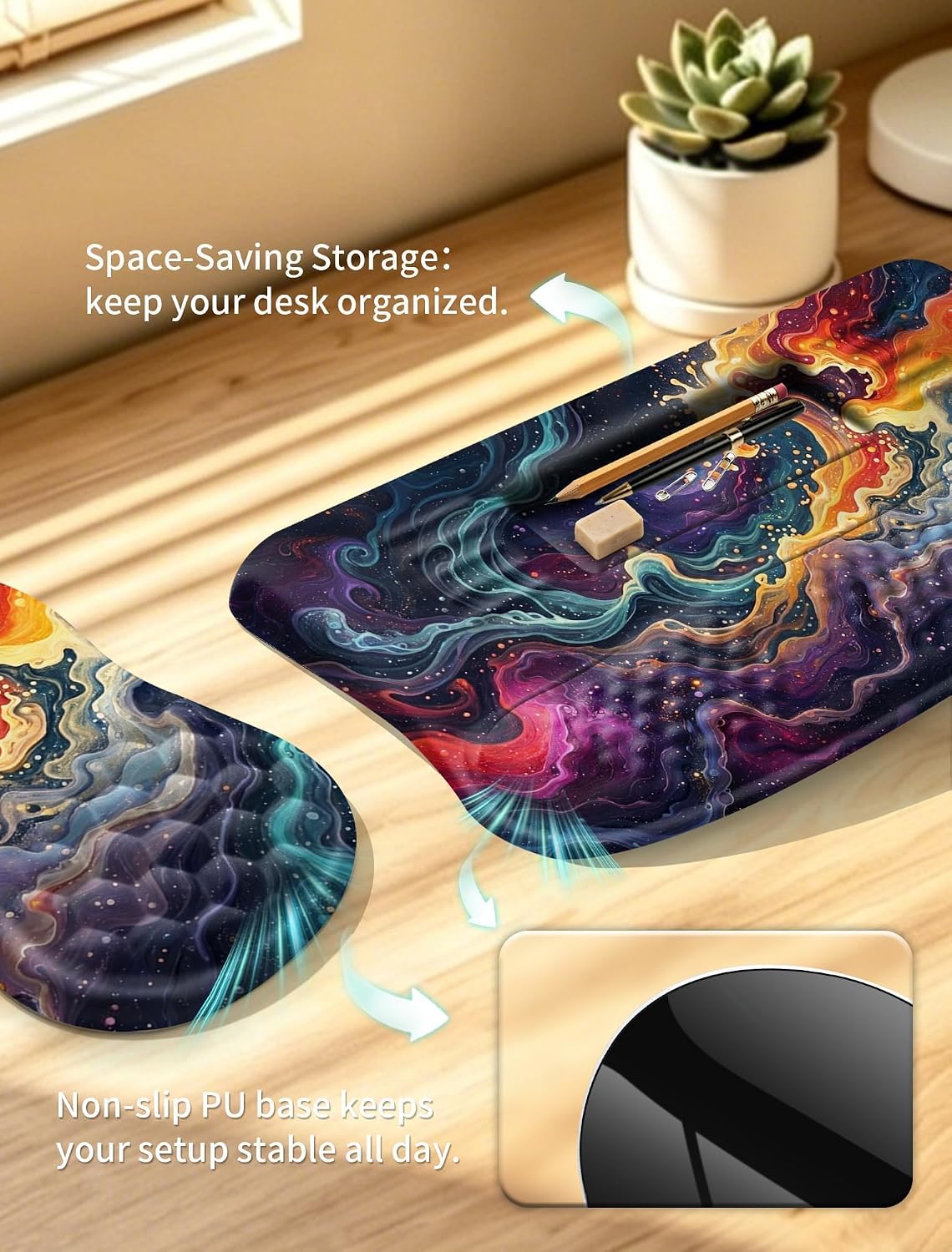 Ergonomic Keyboard Stand and Mouse Pad Set, Adjustable 3°/13° Keyboard Riser with Wrist Rest, 8° Massage Mouse Pad, Memory Foam Wrist Support, Non-Slip PU Base for Office & Gaming, Starry Sky