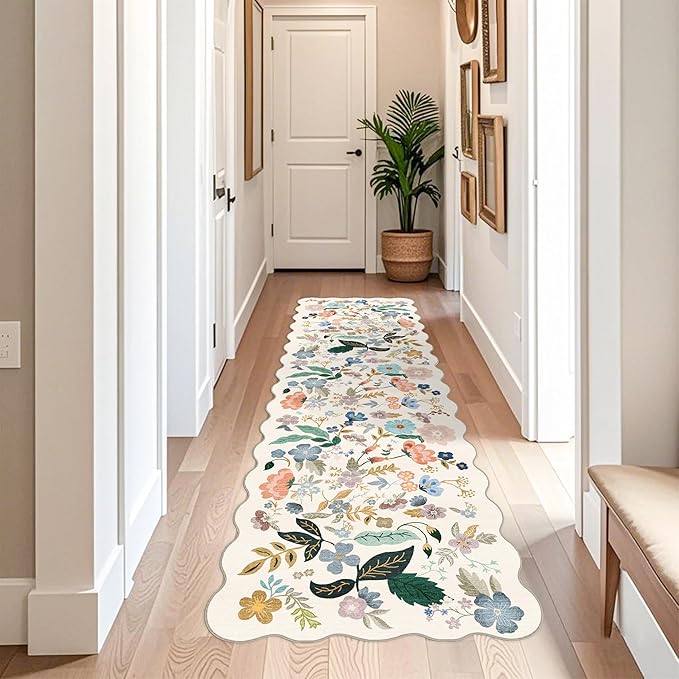 3x10 Washable Hallway Runner Rug: Long Floral Scalloped Soft Runners