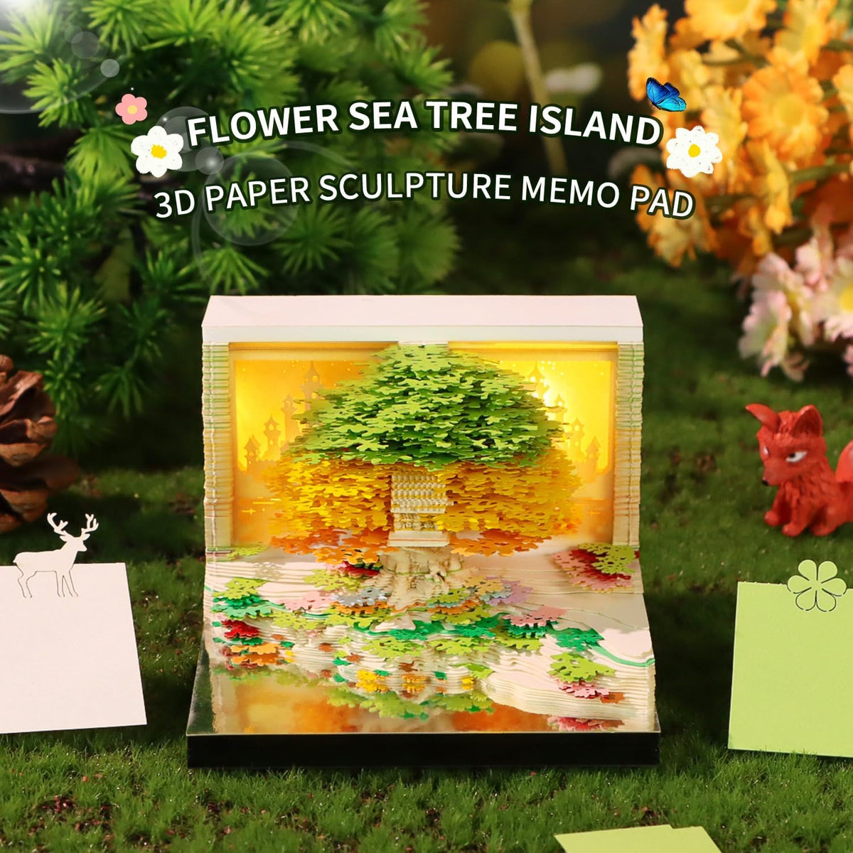 3D Calendar 2027,Tear-Away Time Piece Calendar 3D Memo Pad,Flower Sea Tree Island 3D Art Desk Calendar with Lights
