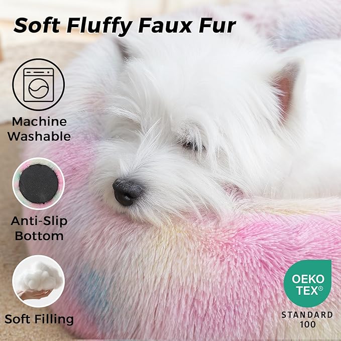 Calming Dog Bed & Cat Bed with Anti-Slip Bottom, Medium Size Washable Anti-Anxiety Donut Dog Beds for Small Dogs & Cats, Fluffy Plush Cozy Round Dog Bed(24 Inch, Rainbow)