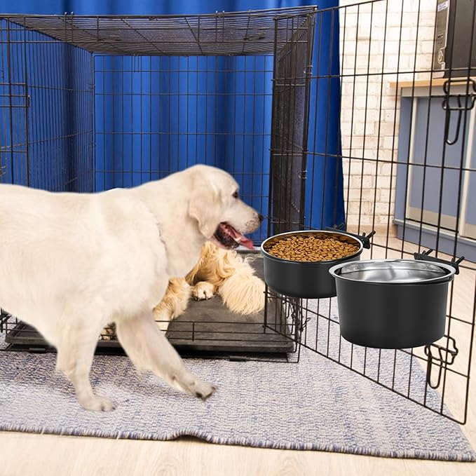 2 Pcs Black Large Pet Dog Food Water Bowl for Cage Stainless Steel Non-Spill Kennel Hanging Cats Bowls with Clamp Holder Crate Feeder Dish for Medium Large Dogs Huge Pets (7.1x3.5'' & 6.3x2.6'')