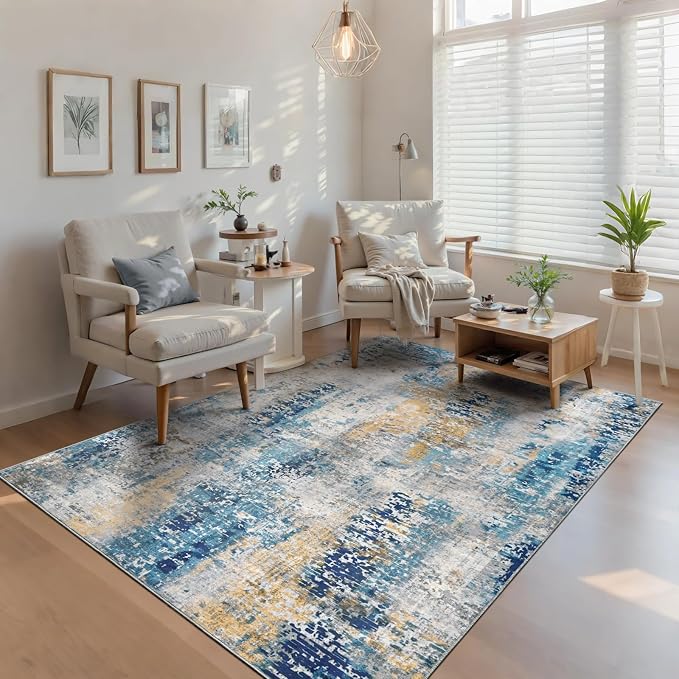 Ompaa Living Room Rug 5x8 Ultramarine Area Rug Machine Washable Boho Rug Non