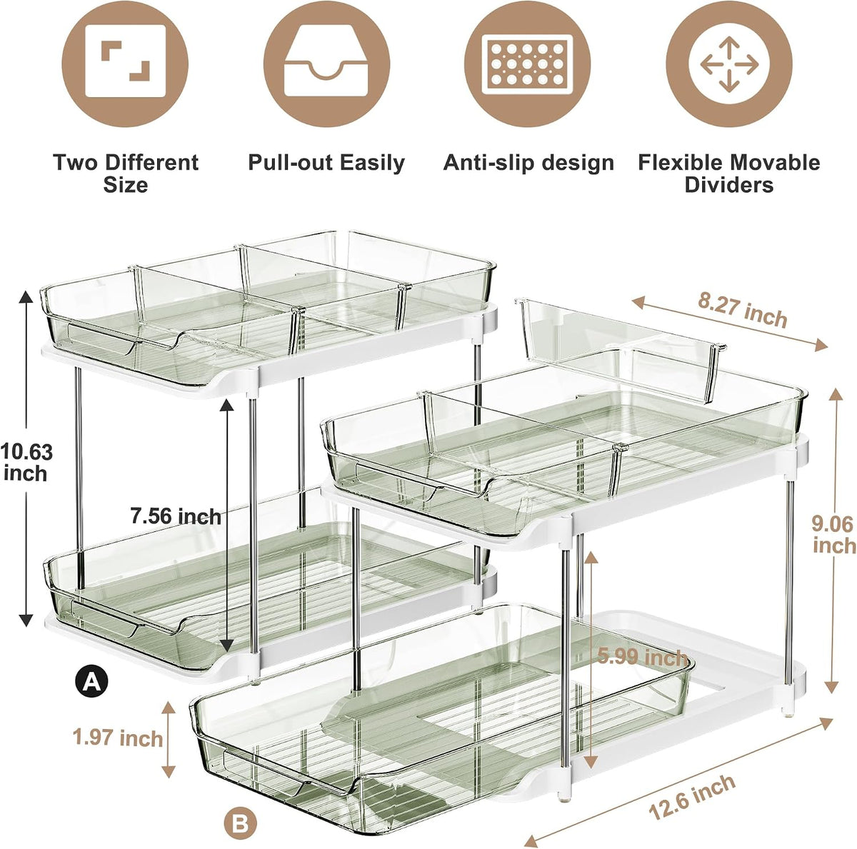 Delamu 2-Tier Multi-Purpose Bathroom Under Sink Organizers and Storage, Stackable Kitchen Pantry Organization, Pull Out Medicine Cabinet Organizer with Movable Dividers, Light Green, 2 Pack