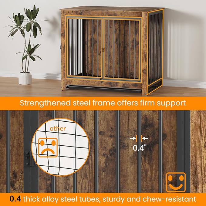 Dog Crate Furniture, 42 Inch Indoor Large Dog Kennel for Medium to Large Dogs Up to 70 LBS, Heavy Duty Wooden Pet Cage End Table with 3 Doors, Alloy Steel Frame & Removable Tray