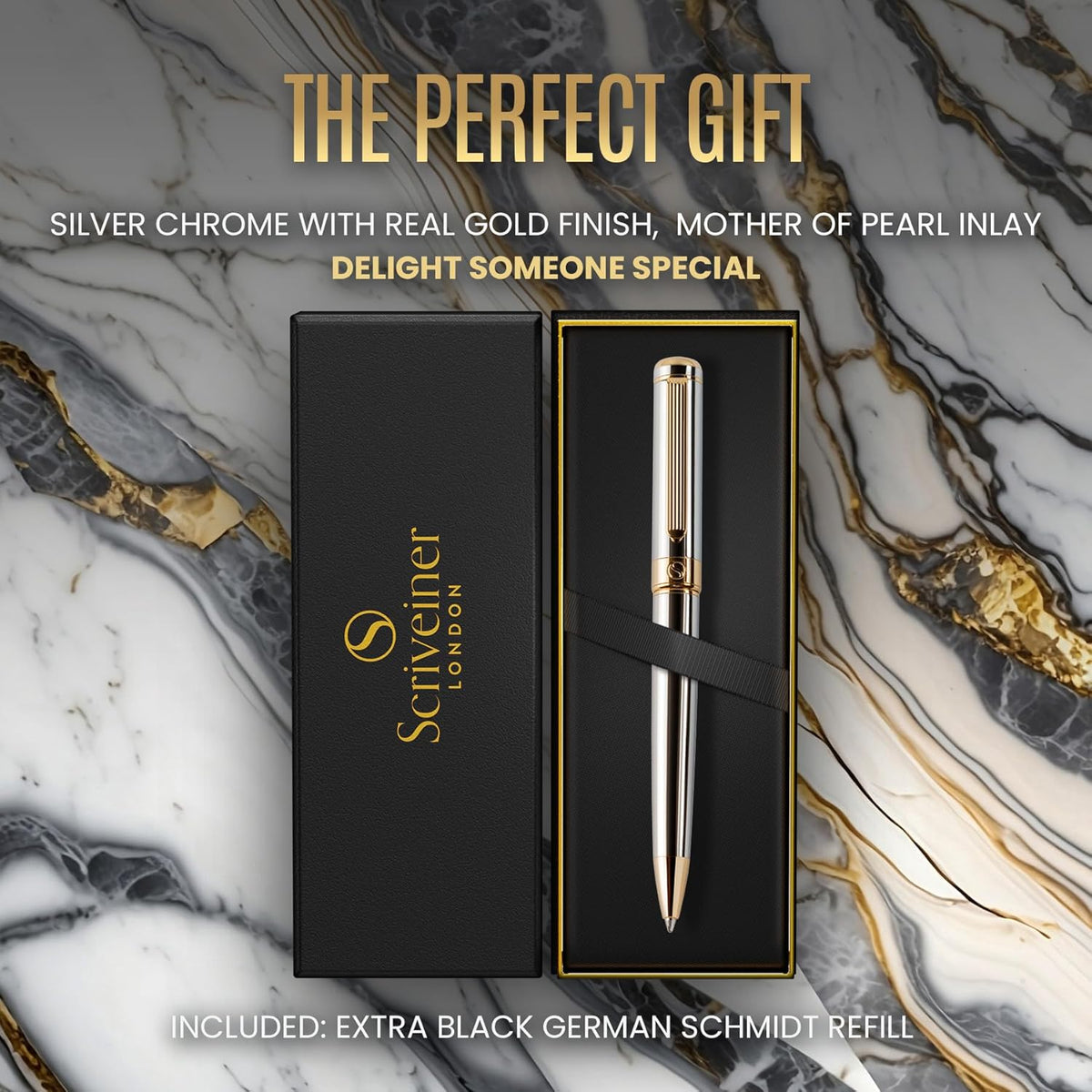 Scriveiner Silver Chrome Ballpoint Pen - Stunning Luxury Pen, Real Gold Plating, Schmidt Black Refill, Best Ball Pen Gift Set for Men & Women, Professional, Executive, Office, Nice, Fancy Pens