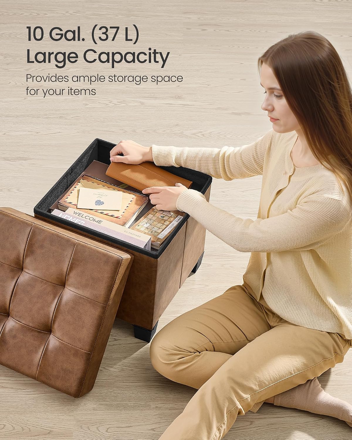 SONGMICS Small Storage Ottoman, 15 x 15 x 15.8 Inches, 9.8 Gal. (37 L)