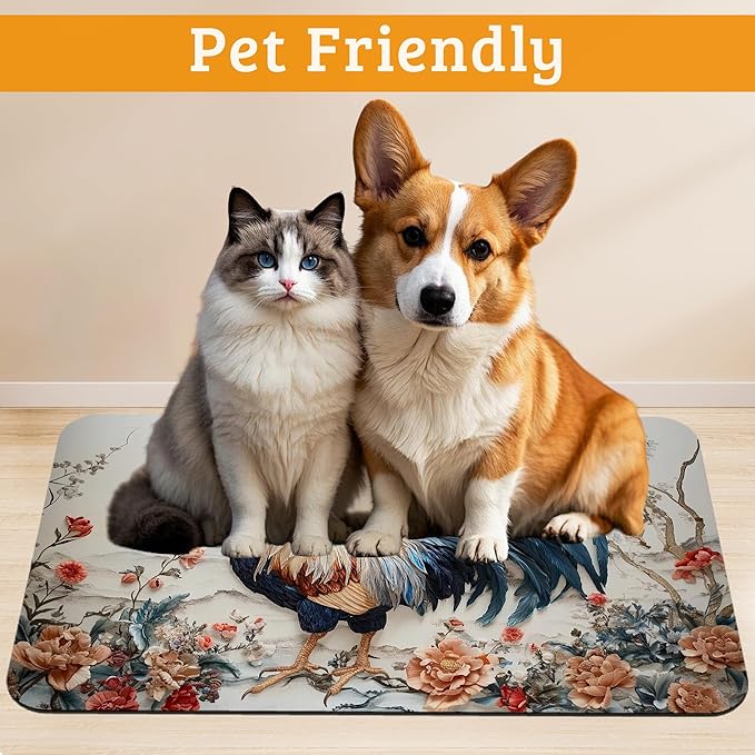 Dog Bowl Mat,Chicken Painting Pet Feeding Mat for Floors Waterproof,Flowers Absorbent Dogs Placemat for Food and Water Quick Dry Pet Cat Feeding Mats with Non Slip Bottom 12" x 20"