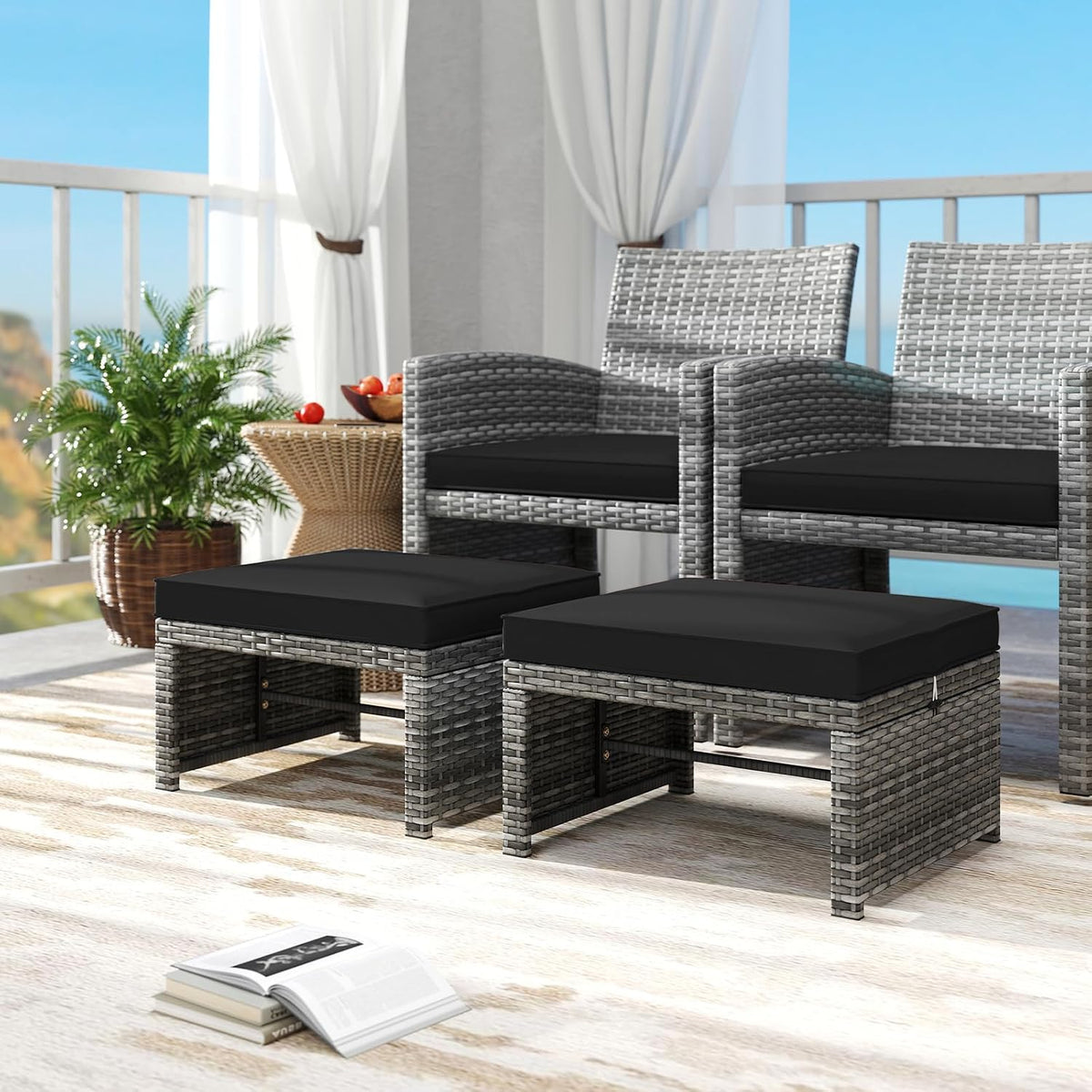 Outdoor Ottomans, Set of 2 PE Rattan Foot Stool w/Soft Zippered Cushions, Multipurpose Patio Ottomans, Outdoor Furniture for Backyard, Additional Seating, Footrest, Side Table (Black)