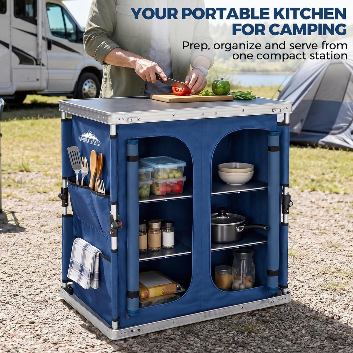 EAGLE PEAK Double Folding Camping Table with Storage Organizer and Side Pockets, Portable Outdoor Portable Camping Table for BBQ, Picnic and Tailgating, Carry Bag Included, Blue