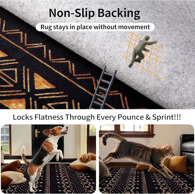 SERISSA 4x6 Area Rugs for Living Room, Washable Non-Slip Black and Gold Boho Rug