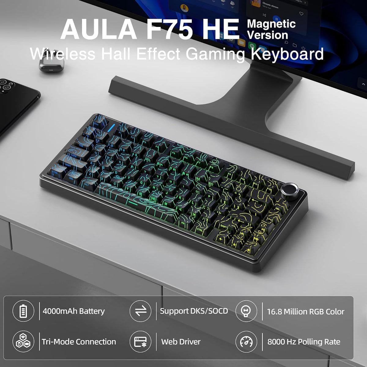 Aula F75 HE Wireless Gaming Keyboard Hall Effect Magnetic Switch Keyboard