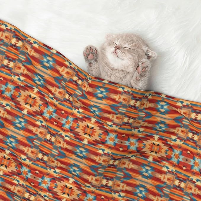 Reversible Plush Pet Blanket for Puppies Kittens, Ethnic Tribal Navajo Indiana Western Southwest, Double Sided Gentle Dot Texture for New Pets Adjusting to Home Environment Softly