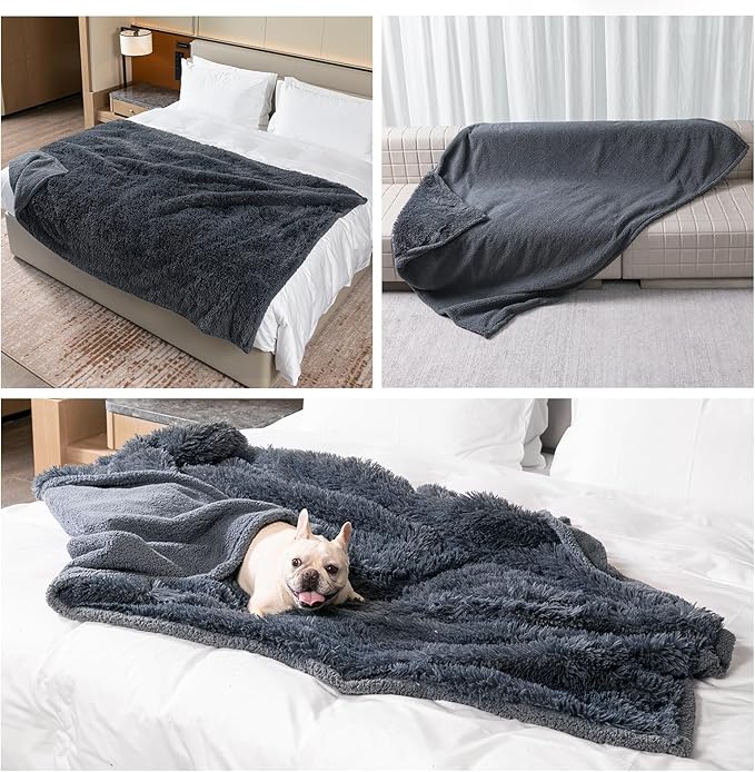 Calming Cat Blanket for Bed 85x57in Couch Sofa Cover Grey Waterproof Dog Blankets for Large Dogs Washable Long Faux Fur Pet Throw Blanket for Puppy Reversible Furniture Protector, (Gray XL)