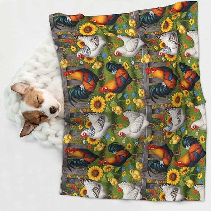 Reversible Pet Blanket for Easy Cleaning Maintenance, Chicken Rooster Garden Flowers Painting, Double Sided Plush Dot Design Means Double Use Between Washes for Convenience
