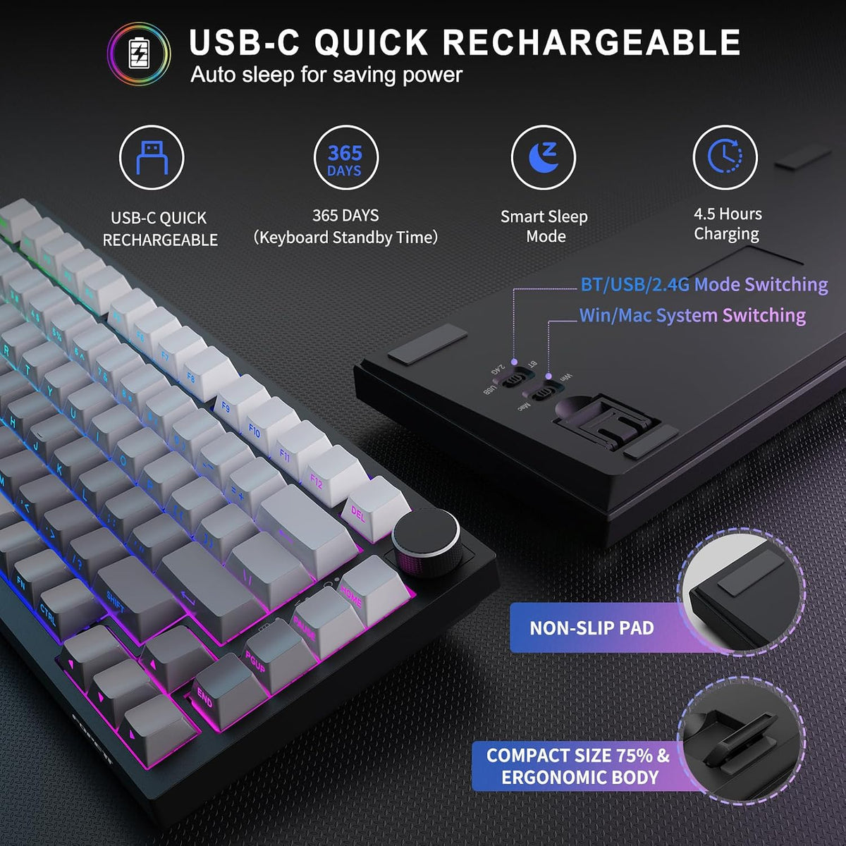 FOPETT Wireless Mechanical Keyboard Rechargeable Adjustable Backlight Three Mode Wired /2.4G /Bluetooth Side Engraved for Laptop/Windows/PC - Gradient Grey Black