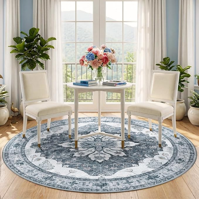 RELEANY Area Rugs Round 5ft Washable Non-Slip, Floral Vintage Distress