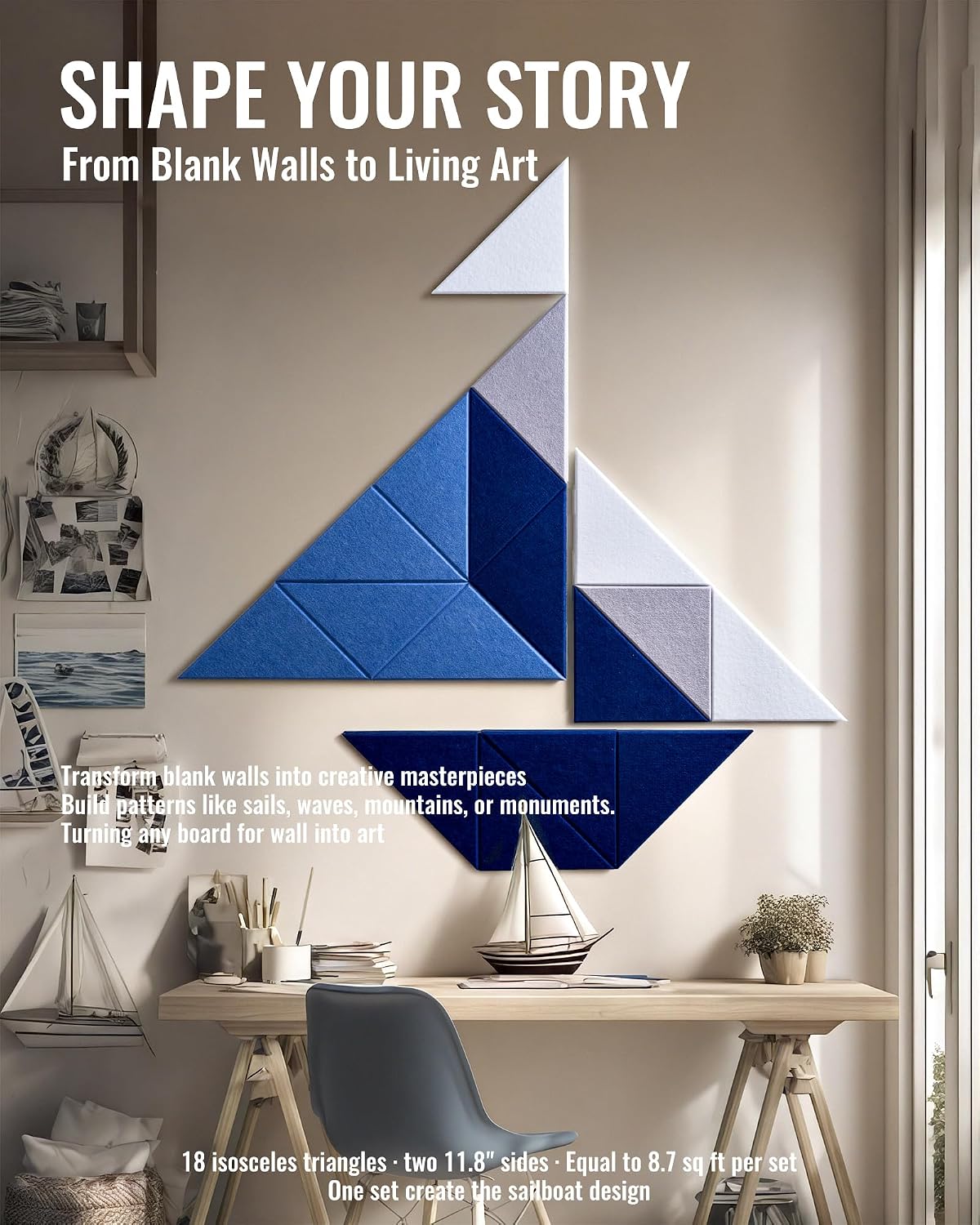 Triangular Felt Wall Tiles for Bulletin Boards, Marine, 18 Pack