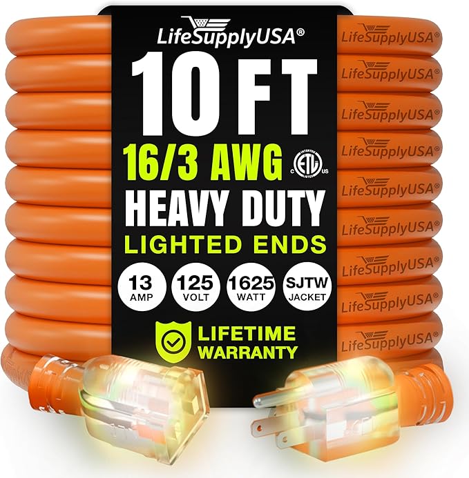 10ft Outdoor/Indoor Extension Cord 16/3 Gauge Heavy Duty 3 Prong SJTW, Waterproof, ETL Listed, Flexible Cold-Resistant Long Power Cord,13A 125V 1625W, Orange by LifeSupplyUSA