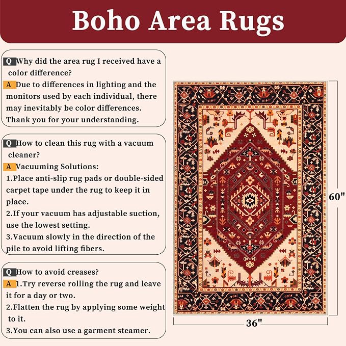 SERISSA Area Rug 3x5 Boho Rugs for Bedroom, Washable Non-Slip Living Room Rug