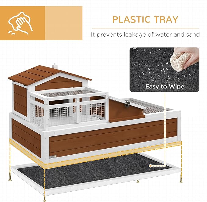PawHut 3- Room Tortoise House Habitat with Balcony & 2 Stories, Indoor/Outdoor Wooden Tortoise Enclosure with Ladder, Tray, Openable Roof, Large Reptile Cage, 44" x 25. 5" x 23", Coffee