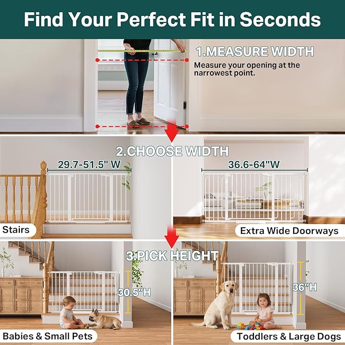 Cumbor 36.6-64" Extra Wide Baby Gate for Stairs, Dog Gates for Doorways, Auto-Close Pet Gate Indoor, Pressure Mounted Walk Through Safety Child Gate for Kids Toddler, Tall Pet Puppy Fence Gate, White