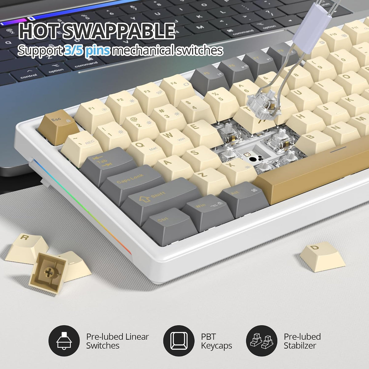 75% Retro Mechanical Keyboard Gasket with Knob, Custom Wired Creamy Gaming Keyboard TKL 75 Percent Hot Swappable RGB Backlit, Pre-lubed Switch for Win/MAC PC Laptop（Shimmer/White Switch）