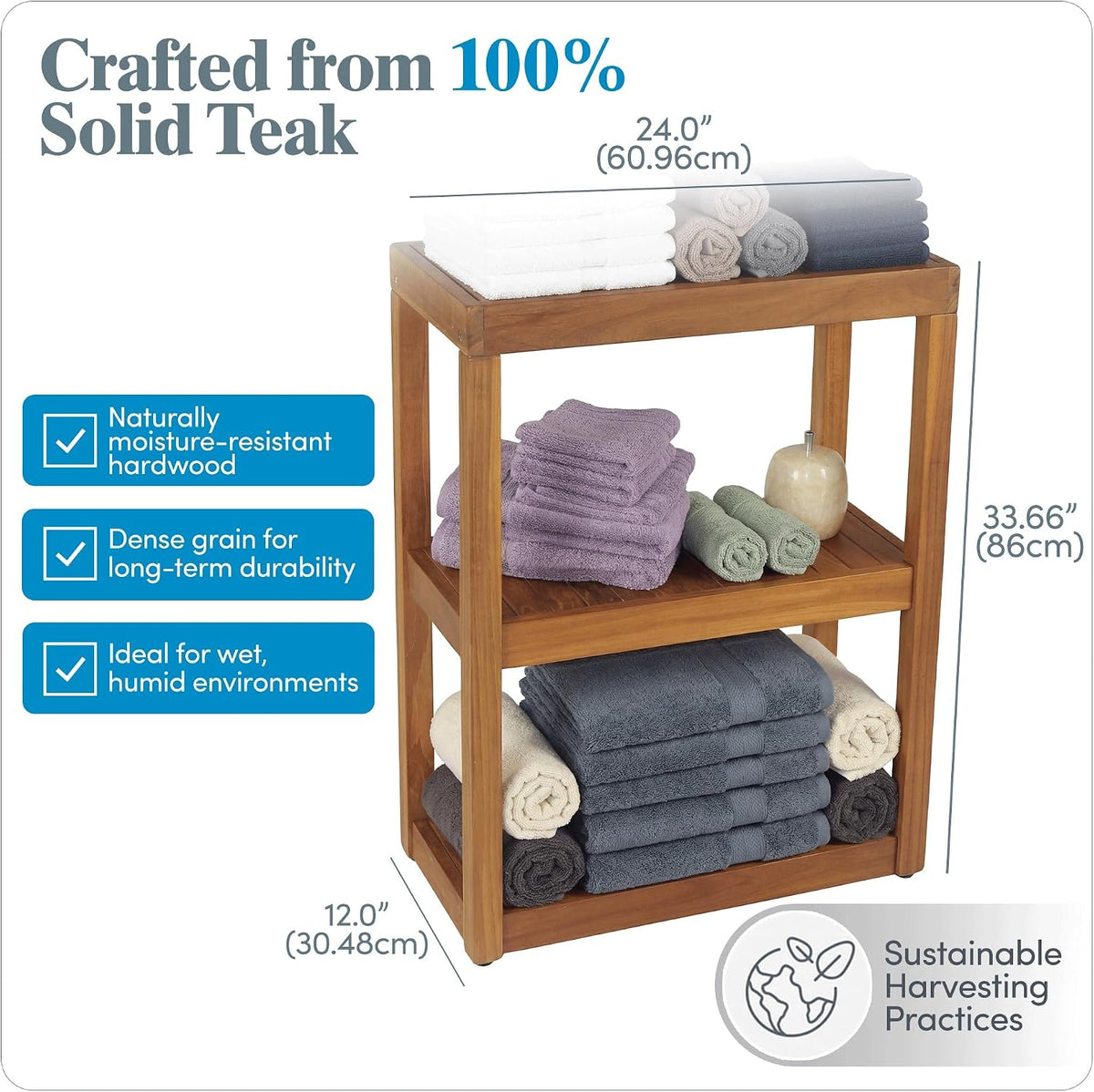 AquaTeak 12" Original Sula Rectangle Teak Bathroom Stand - Shower Stand with 3 Tier Shelf - Durable Water Resistant Shower Organizer - Space-Saving Storage Shelves with Anti-Slip Feet