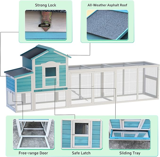 Wooden Chicken Coop with Nesting Box and Free-Range Door – Outdoor Hen House for 3–4 Chickens, All-Weather Asphalt Roof, Secure Locks & Easy-Clean Sliding Tray Blue