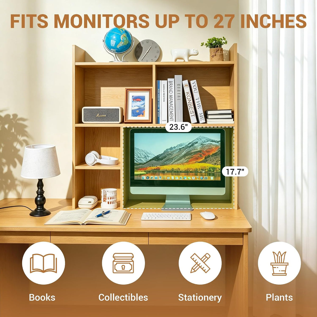 deli Desktop Shelf, Desk Hutch with 5 Shelves for Computer Desk, Natural