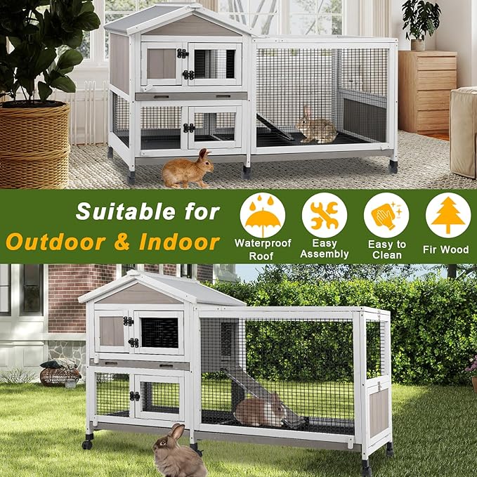 PetsCosset Rabbit Hutch Outdoor Indoor Bunny Hutch with Run 2-Story Large Rabbit Cage on 6 Wheels, 3 Leak Proof Trays, Ramp, Waterproof Roof for Small to Medium Animals, Expandable Design