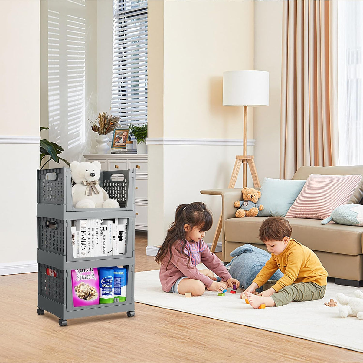 Stackable Storage Bins, Set of 3 Plastic Closet Organizers with Wheels