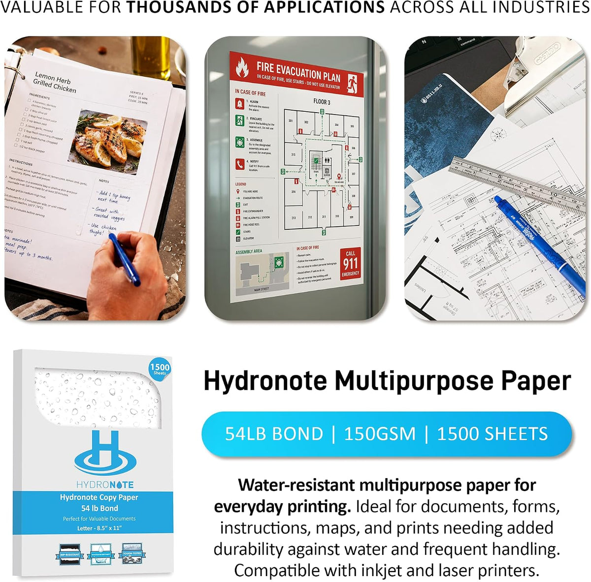 TerraSlate Waterproof Paper - Hydronote 54lb Multipurpose Copy Paper 8.5” x 11”, Bulk Printer Paper, Inkjet Printer and Laser Printer Paper Compatible - Rain/Weather/Rip-proof (1500 Sheets)