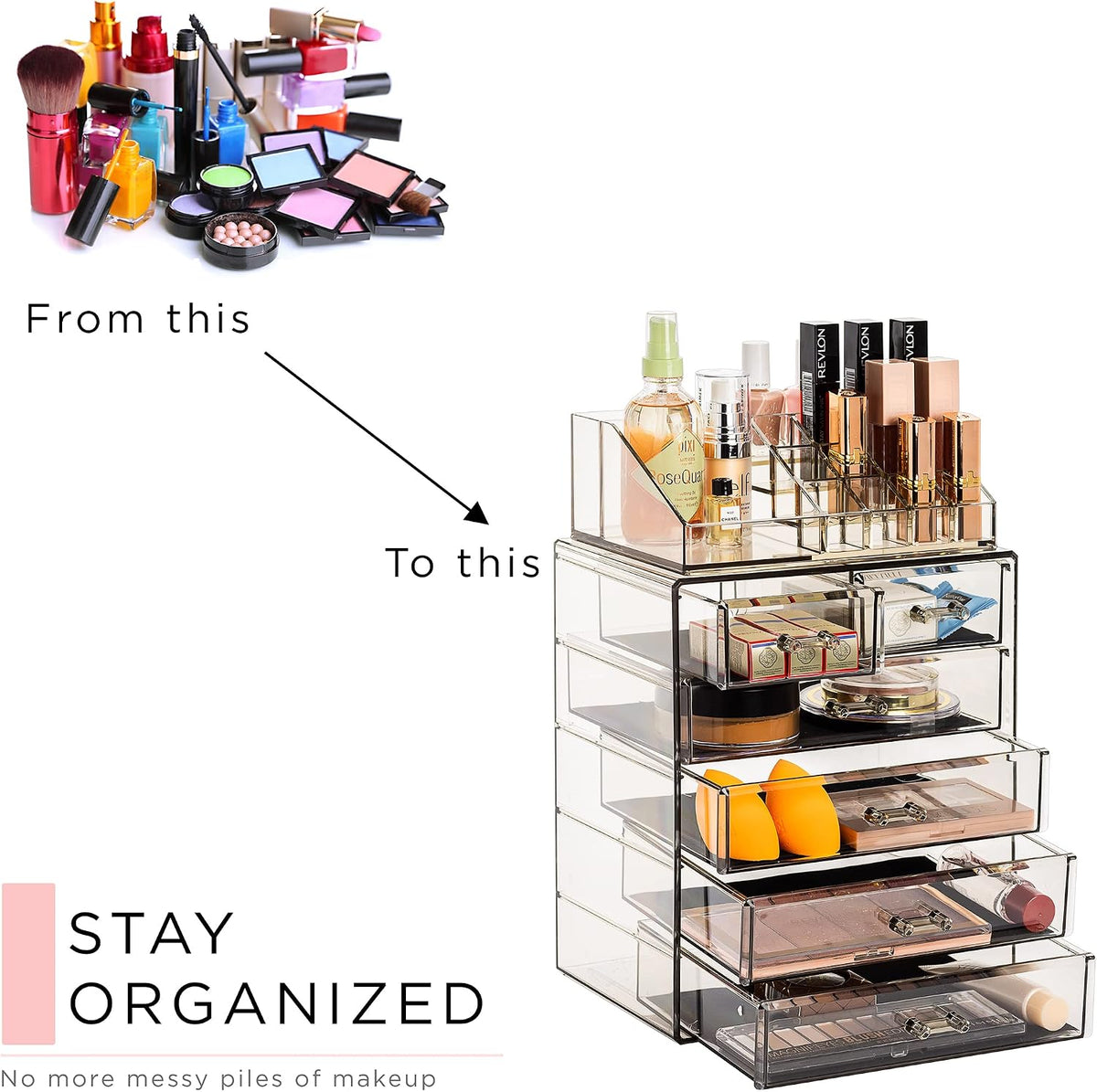 Sorbus Makeup Organizer, 6-Drawer Acrylic 2-Piece Set (Black Jewel)