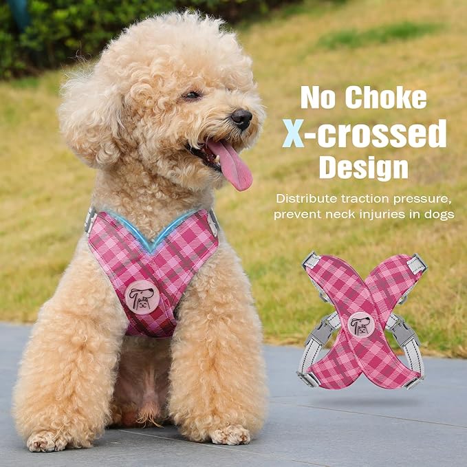 Pawaboo Small Dog Harness and Leash Set, Puppy Harness X-Frame No Pull No Choke, Dog Vest Harness Adjustable for Small Medium Sized Dogs,Soft Breathable Pet Harness for Walking Outing, M, Pink Plaid