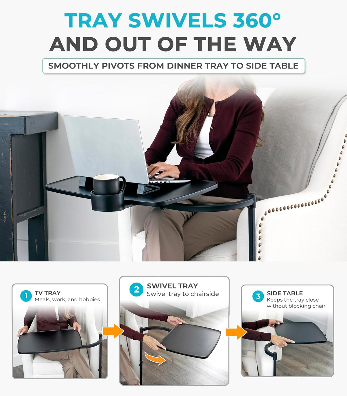 Stander Wonder Tray, Adjustable Swivel Table, Extra-Large Computer Stand, Couch Desk & Gaming Bench, TV-Trays for Eating on Couches, Chairs, Recliners with Laptop Wedges and Cup Holder, XL, Black