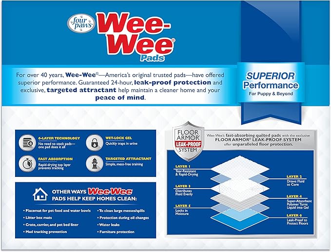 Four Paws Wee-Wee Superior Performance Unscented Pee Pads for Dogs & Puppies, Quilted Leak-Proof Dog Housebreaking Potty Training Floor Protection, 22" x 23", 50 Count