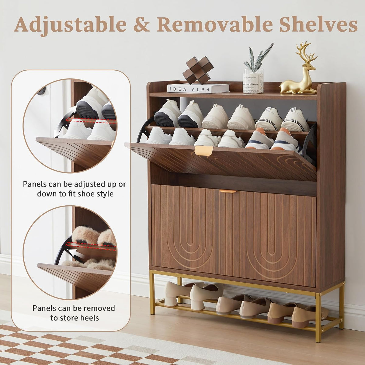 LEVNARY Narrow Shoe Storage Cabinet with 2 Flip Drawers, Wooden Freestanding Hidden Shoes Rack Organizer for Entryway, Mid-Century Modern Shoe Cabinet with Carving Lines for Hallway Foyer (1, Walnut)