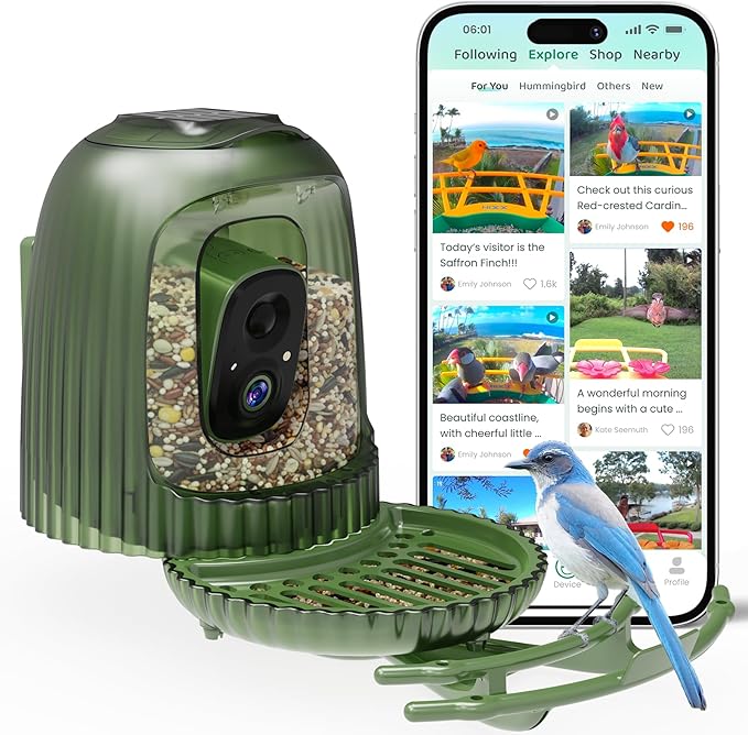 HIXX Smart Bird Feeder with Camera, AI Bird Identifier & 4MP Color Night Vision, Exclusive Vertical View Mode, Squirrel-Deterrent Design, Solar Light for Nature Lovers (Soft White)