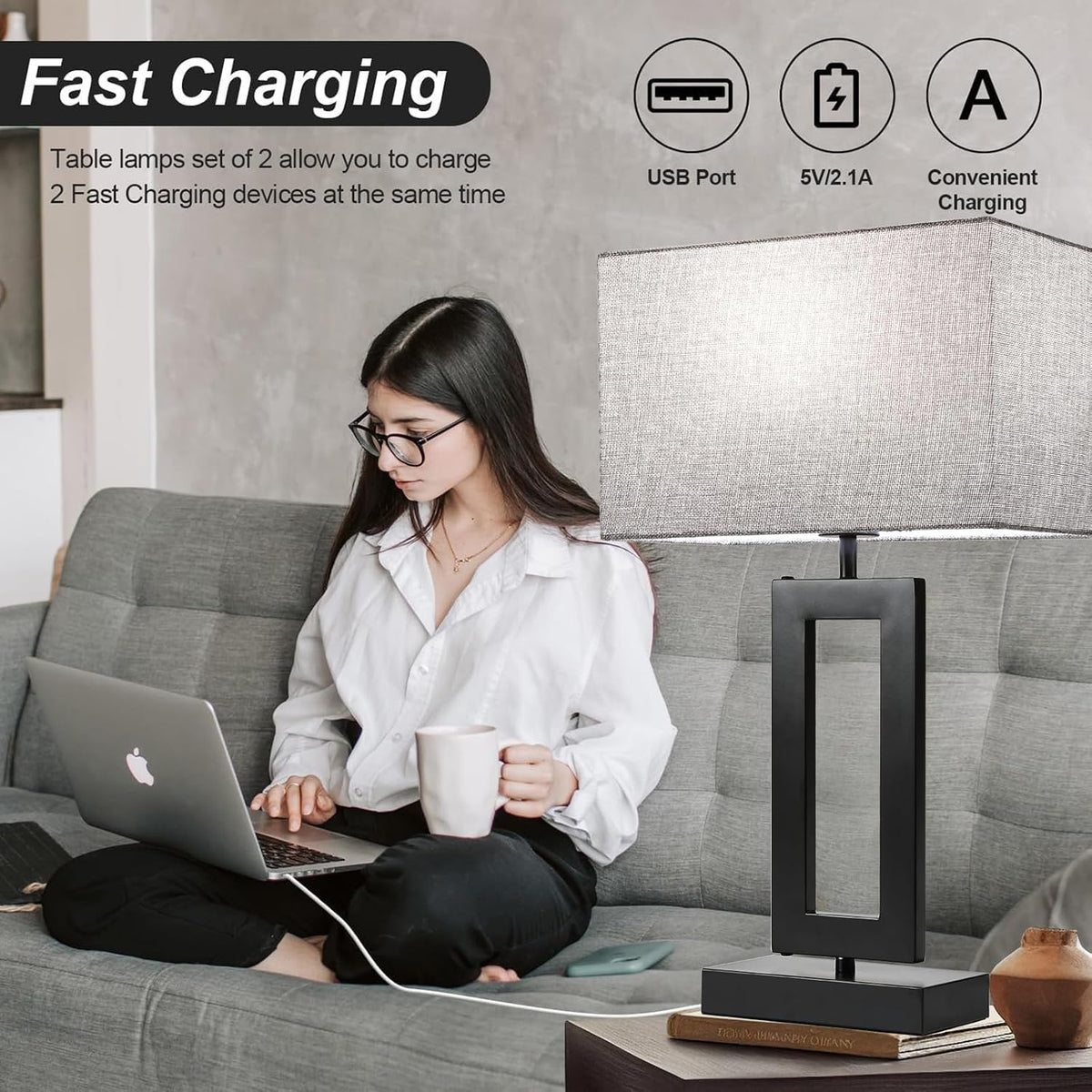 MoMyofdy 22’’ Tall Set of 2 Touch Control Table Lamp w. 2 USB Ports, 3-Way Dimmable Modern Bedroom Bedside Touch Lamps w. Fabric Gray Shade for Living Room End Table Nightstand Reading